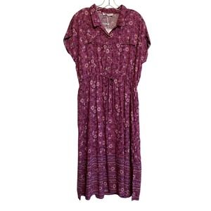 Lucky Brand Short Sleeve Shirt Dress Purple Berry Floral Cinched Waist: XL NWT